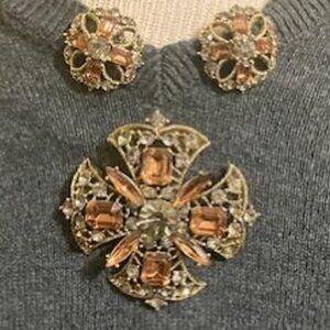 Rhinestone brooch with matching clip-on earrings